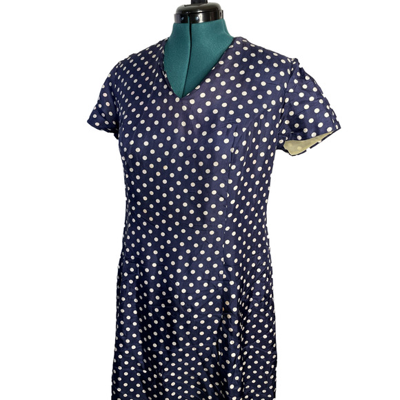 Vintage 1960s Navy Blue Polka Dot Sheath Dress with Metal Zipper – Size 20 - Picture 10 of 16